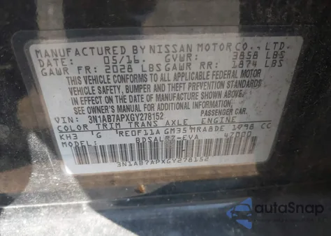 2016 Nissan Sentra Fe+ S/S/Sl/Sr/Sv z USA, uszkodzony, nr VIN 3N1AB7APXGY278152